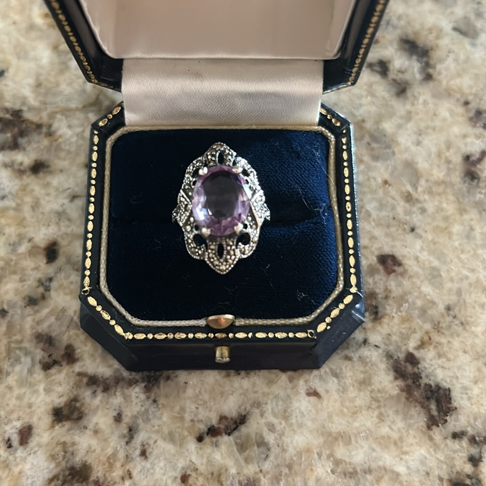 Sterling Silver 925, Amethyst Marcasite Ring -size 6